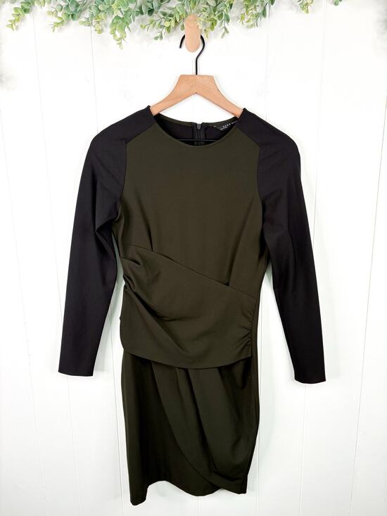 Zara Dresses & Skirts - Zara Olive Green Crepe Draped Sheath Dress XS Black Long Sleeve